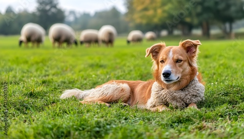 A sheepdog lying in a green field with sheep grazing in the background, alert and protective.