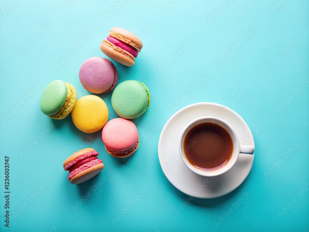 Obraz premium Breakfast with Pastel Hues: Cozy Coffee and Macarons on Serene Blue Background