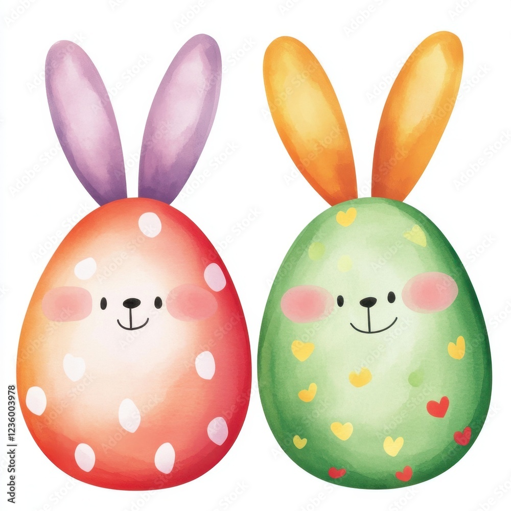 Two colorful, smiling bunny eggs with cute patterns, perfect for Easter-themed decor and festivities. Two colorful, smiling bunny eggs with cute patterns, perfect for Easter-themed decor and festivities.