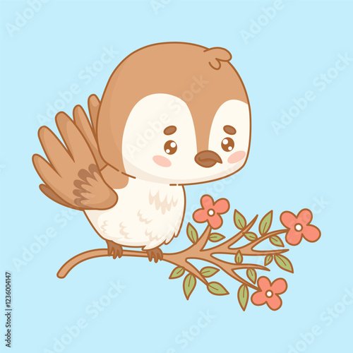 Cute cartoon sparrow on blooming branch. Funny kawaii character little bird. Vector illustration. Kids collection photo