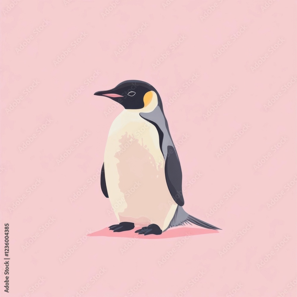 Fototapeta premium Illustration of an Emperor Penguin on pink background, detailed feathers