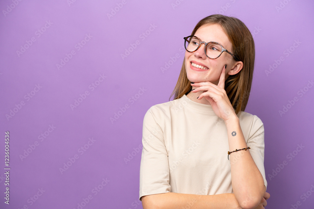 Young English woman isolated on purple background thinking an idea while looking up Young English woman isolated on purple background thinking an idea while looking up