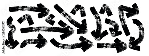 Set of hand drawn Red Arrow Brush. Grunge arrow paint different direction. Bold brush drawn curved and wavy arrows. Doodle marker thick arrows in different directions. Vector illustration