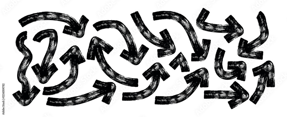 Set of hand drawn Red Arrow Brush. Grunge arrow paint different direction. Bold brush drawn curved and wavy arrows. Doodle marker thick arrows in different directions. Vector illustration Set of hand drawn Red Arrow Brush. Grunge arrow paint different direction. Bold brush drawn curved and wavy arrows. Doodle marker thick arrows in different directions. Vector illustration
