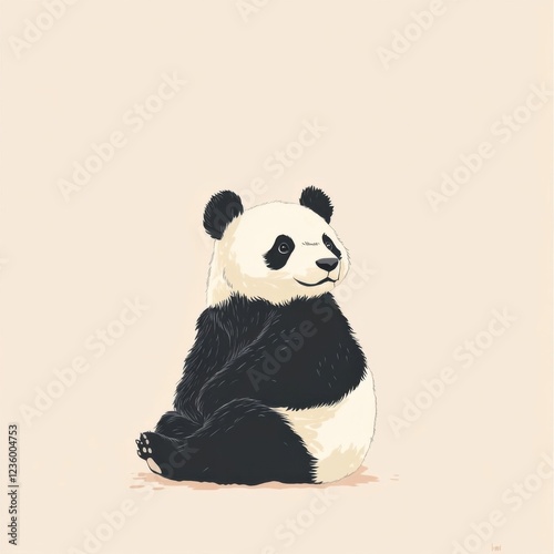 Stylized Sitting Panda, Looking Right, On A Beige Background