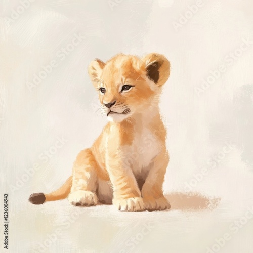 Adorable lion cub sitting, digital art painting illustration on beige background