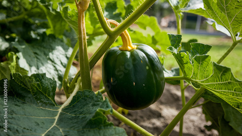 Acorn squash growing on a vine.
