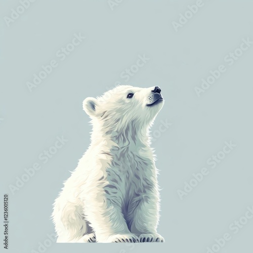 Curious Polar Bear Cub Looking Upward with a Light Blue Background