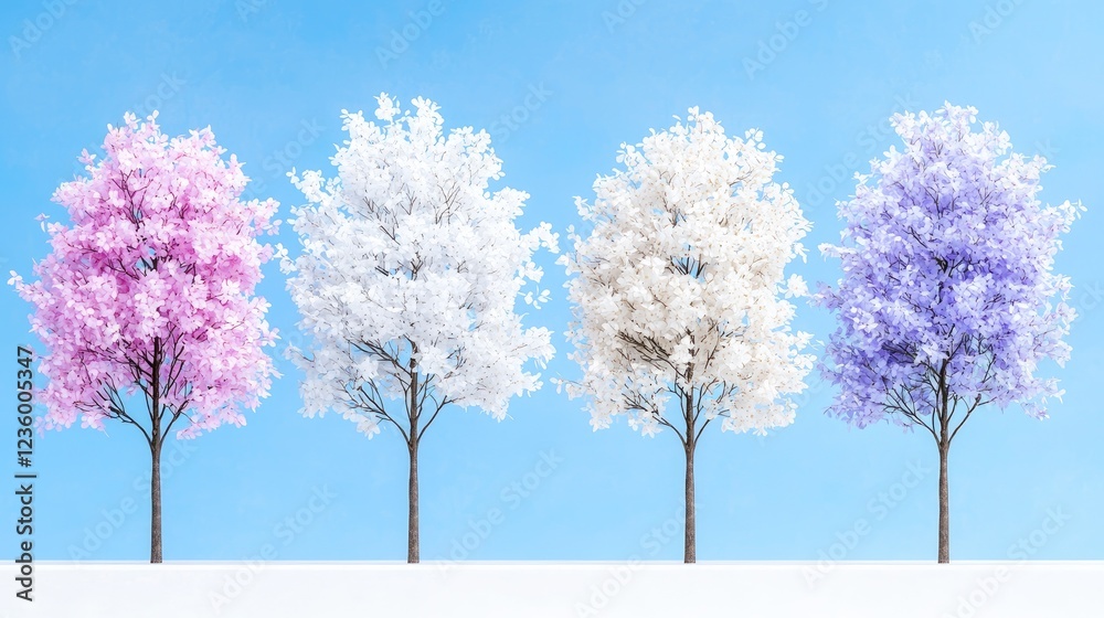 Four colorful trees, spring, nature, pastel, background, design Four colorful trees, spring, nature, pastel, background, design