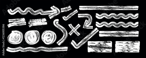 Set of Hand drawn abstract scribbles and squiggles, graffiti style doodle elements like smiles, arrows and hearts. Punk grunge style symbols for collages and templates.