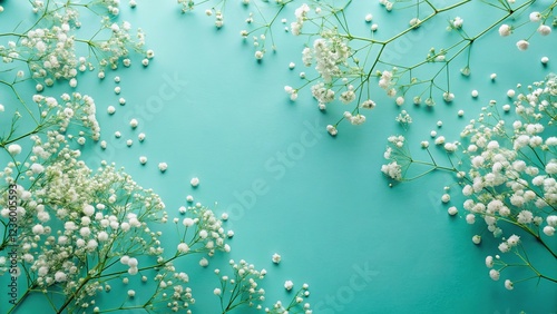 Gypsophila Babysbreath Floral Composition with Turquoise Blue Background photo