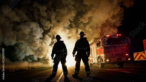 Wallpaper Mural Loop Video of Firefighters Engaged in Battle Against Wildfire, Flames Burning in the Background, Generative AI Torontodigital.ca