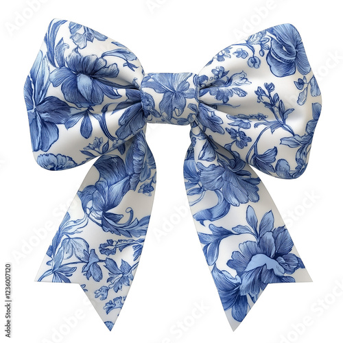 A blue and white floral bow is tied in a knot