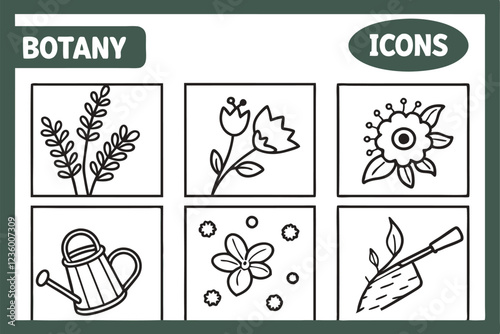 A simple line drawings of botanical icons, each representing a different plant or flower. The icons are arranged in a 6x5 grid, with each icon occupying a single square. The background is white, and t