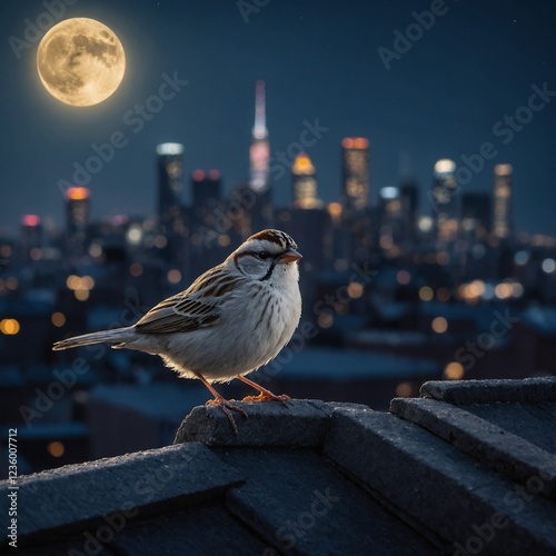 A delicate white sparrow on a moonlit rooftop, with a city skyline glowing in the distance.