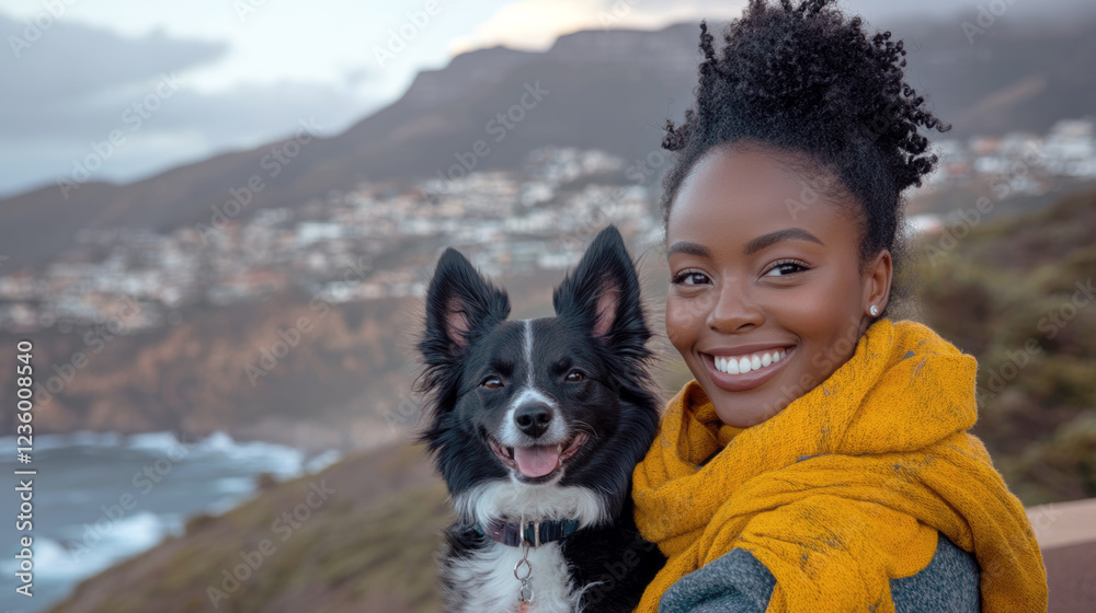 Smiling woman with her dog overlooking a coastal view Smiling woman with her dog overlooking a coastal view