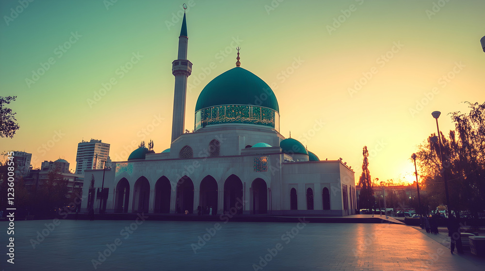 Obraz premium Majestic mosque at sunset with vibrant dome, peaceful surroundings, and city skyline in background