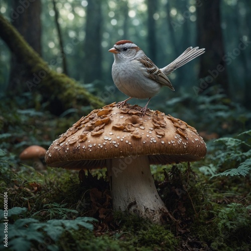 A white sparrow resting on a giant mushroom in an enchanted fairy forest.