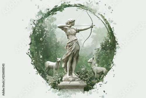 Statue of Artemis with a bow and arrows. Greek mythology goddess. Digital artwork, Generative AI