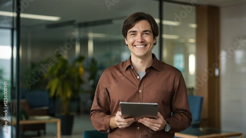 Portrait of smiling businessman using digital tablet in office. Cheerful young man holding digital tablet and looking at camera. Technology concept