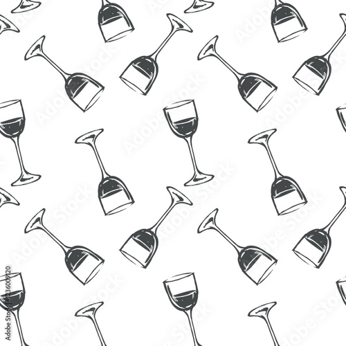 Seamless pattern of wine glasses. Vector illustration imitating a brush and black ink drawing. Clipart for a winery, wine menu or packaging. Fusion of grunge and vintage effect.