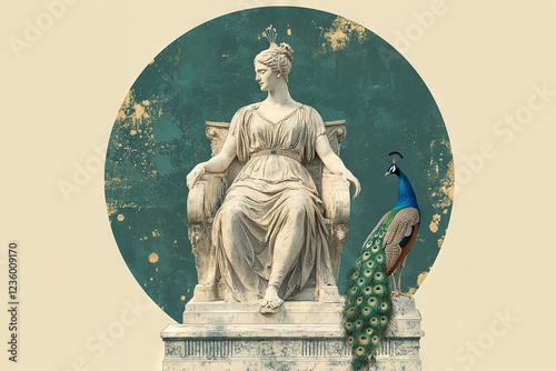 Greek goddess Hera seated on a throne with a peacock. Digital artwork. Generative AI