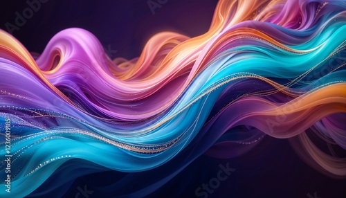 "An abstract digital art scene with radiant colors such as bright violet, teal, and gold, flowing into each other in intricate, dynamic curves, ultra-realistic quality."
