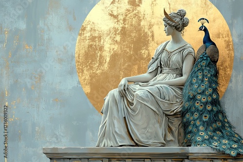 Statue of the Greek goddess Hera seated on a throne with a peacock. Generative AI