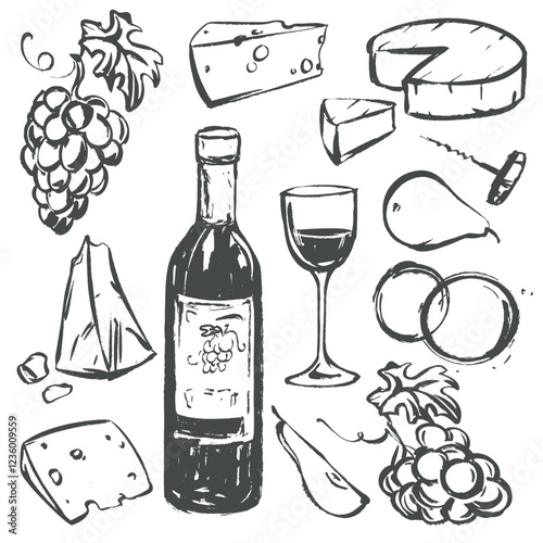 Vector set with wine, wine glass and snack. Grapes, cheese and fruits in quick linear ink sketch style. Clip art for restaurant menu, wine list or invitation to tasting.