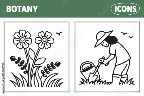 A simple line drawings of botanical icons, each representing a different plant or flower. with each icon occupying a single square. The background is white, and the icons are black. The icons include 
