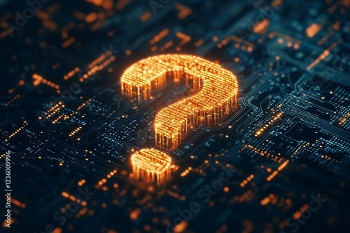 Glowing digital question mark made of binary code on a futuristic circuit board with orange lights