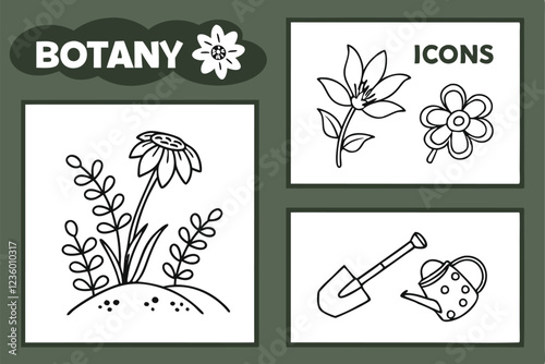 A simple line drawings of botanical icons, each representing a different plant or flower. with each icon occupying a single square. The background is white, and the icons are black. The icons include 