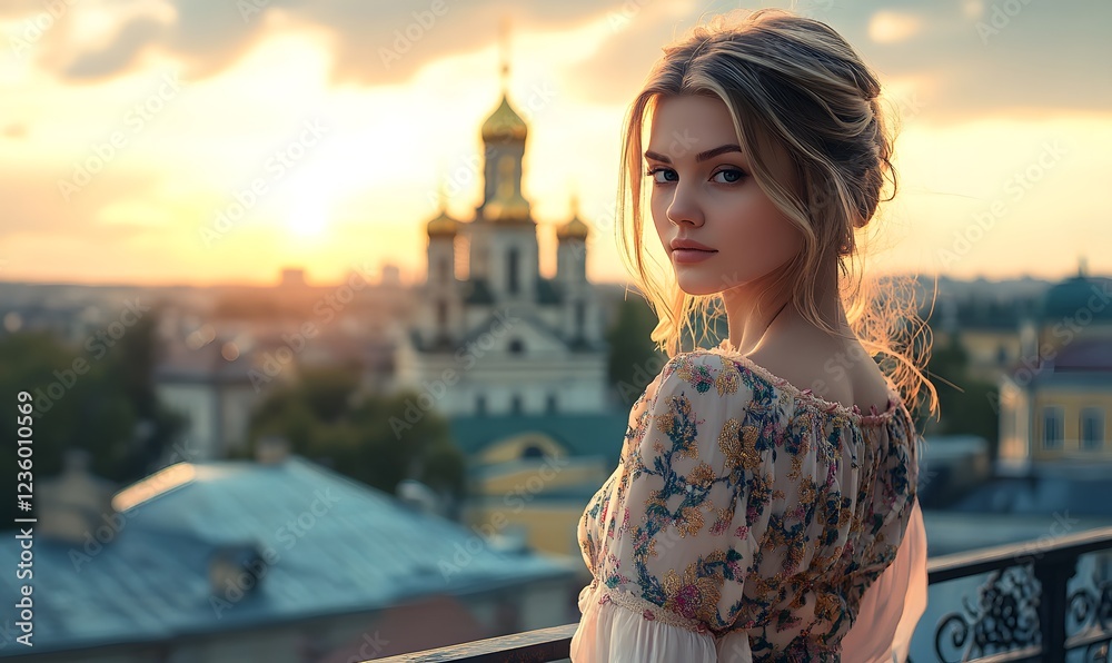 Fototapeta premium Beautiful young woman with golden blonde hair wearing elegant embroidered dress, Generative AI