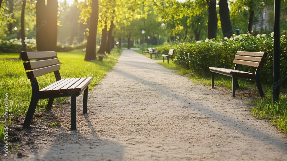 Park Pathway with Benches in Warm Sunlight, Peaceful and Serene Nature Scene Park Pathway with Benches in Warm Sunlight, Peaceful and Serene Nature Scene