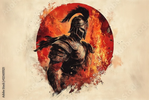 Greek god Ares in full armor, set against a fiery background. Generative AI