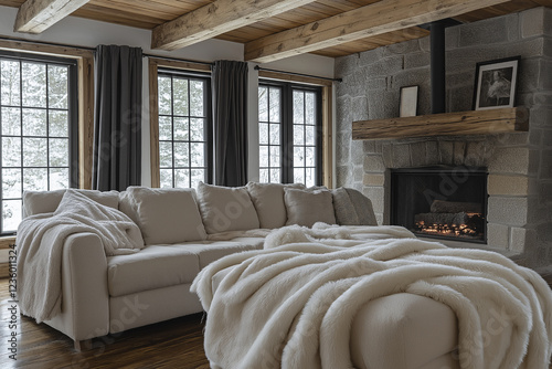 Cozy Winter Living Room with Stone Fireplace and Luxurious Throw