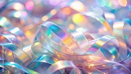 Abstract iridescent ribbons in soft pastel hues shimmer with an ethereal glow, capturing the essence of light and color
