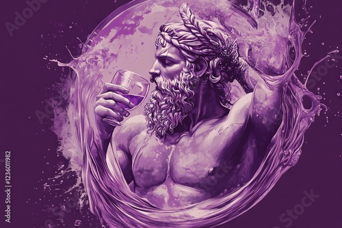 Digital artwork Greek god Dionysus holding a wine glass, with flowing wine, set against a purple background. Generative AI