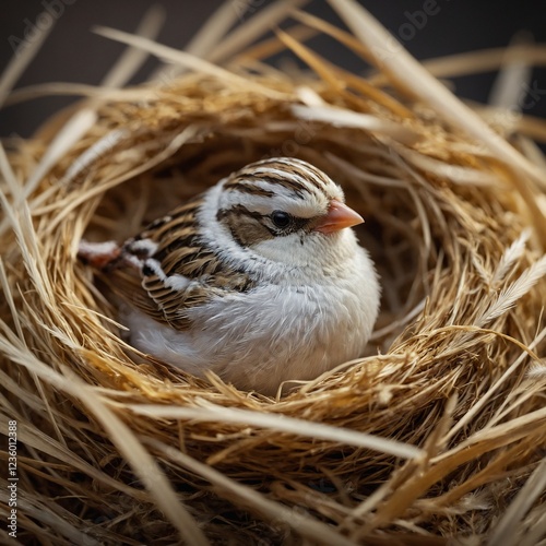 A tiny white sparrow nestled inside a golden nest, surrounded by soft feathers.