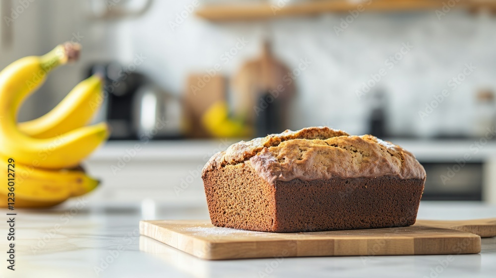Homemade banana bread on a wooden board. A bunch of bananas is blurred in the background. Homemade banana bread on a wooden board. A bunch of bananas is blurred in the background.