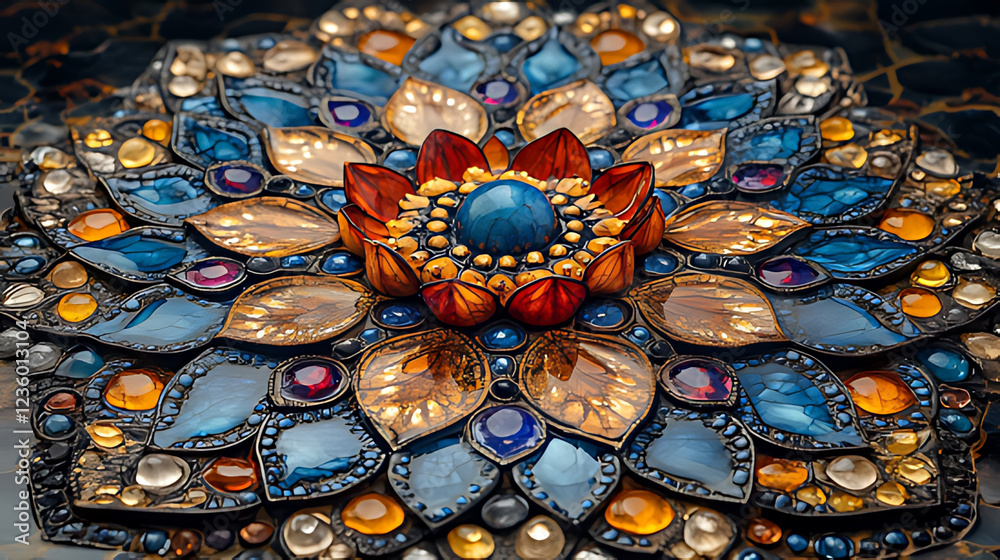Fototapeta premium Jewel-toned mandala art, close-up, dark background, luxury design