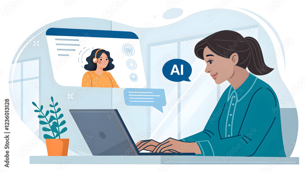 Woman Engaging with AI Technology Through Laptop in Modern Office Setting Woman Engaging with AI Technology Through Laptop in Modern Office Setting