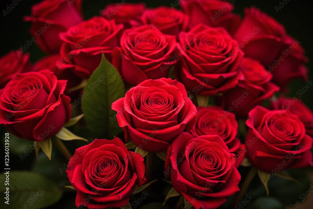 lush vibrant bouquet of red roses in warm light with green leaves lush vibrant bouquet of red roses in warm light with green leaves