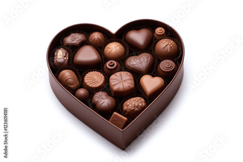 Heart shaped box filled with assorted chocolates on white background photo