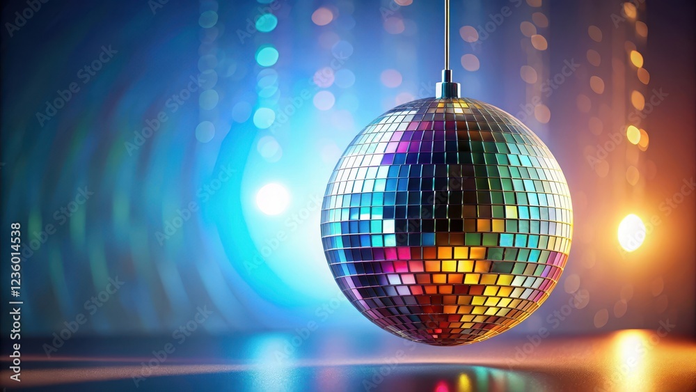 Obraz premium A glittering disco ball hangs suspended from a metallic hook above a sleek mirrored surface, casting a kaleidoscope of colors across the reflective glass, mirror reflection, glamorous disco