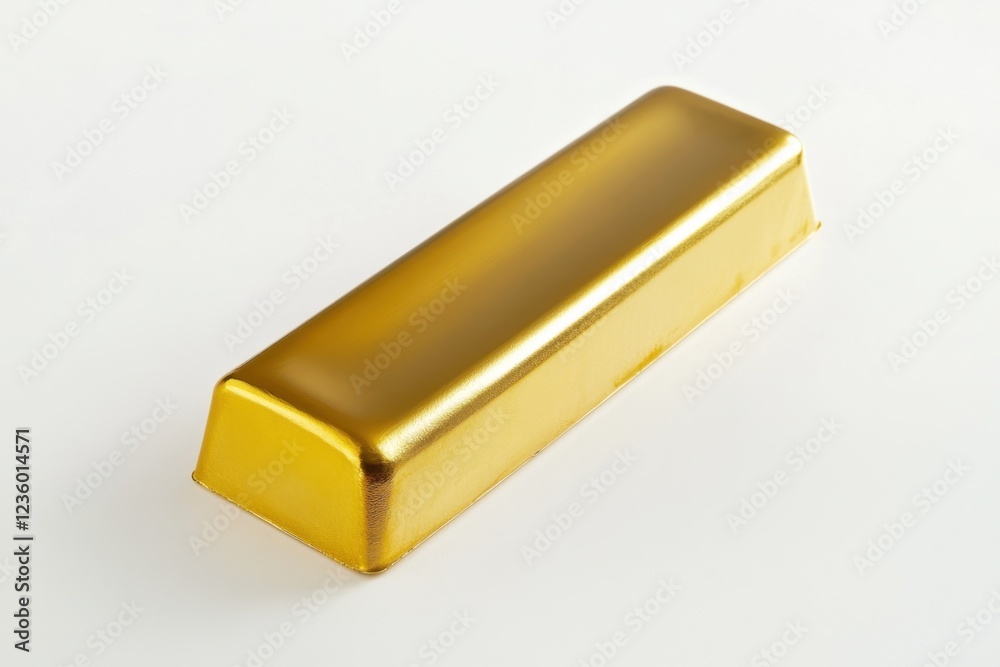 A single gold bar rests on a white background A single gold bar rests on a white background