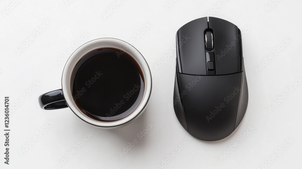 A cup of black coffee placed next to a stylish wireless mouse A cup of black coffee placed next to a stylish wireless mouse