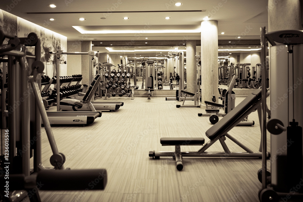 Fototapeta premium Modern gym interior with exercise equipment in use
