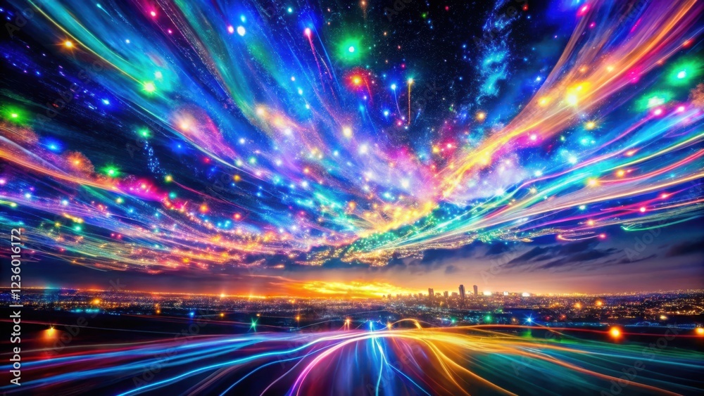Fototapeta premium A celestial panorama of shimmering lights, a vibrant symphony of color, a kaleidoscope of dreamscape and cityscape