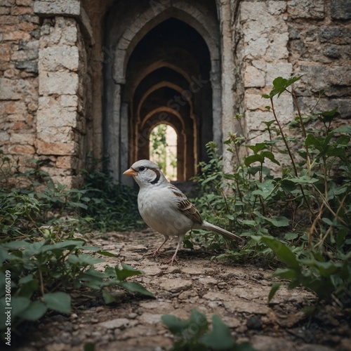 A white sparrow exploring an ancient, overgrown castle courtyard.